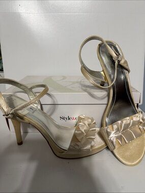 Style & Co. Ivory Satin Ruffle Ankle-Strap Heels